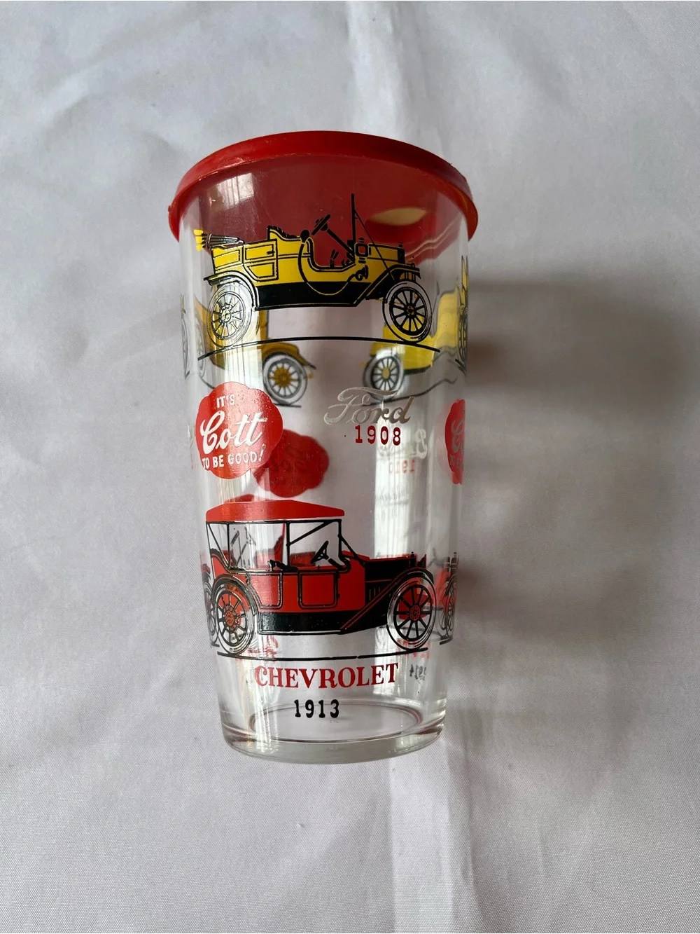 Vintage MCM Hazel Atlas Glass Antique Car Cocktail Shaker with Red Lid